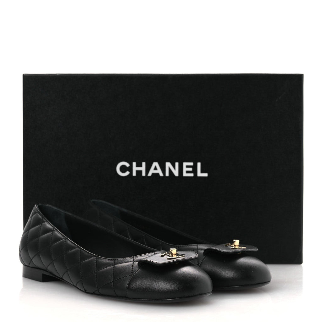 Calfskin Lambskin Quilted CC Cap Toe Ballerina Flats 37 Black