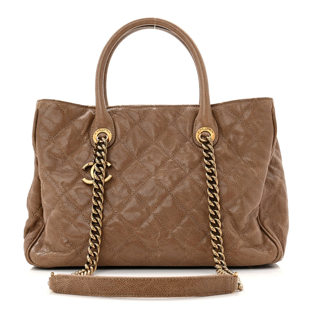 Chanel Glazed Caviar Quilted Small Shiva Tote Beige