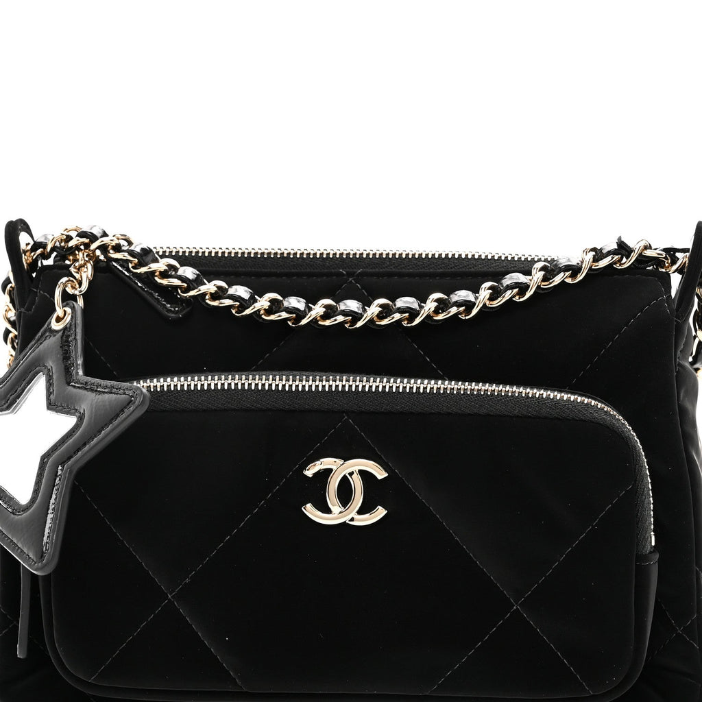 Chanel Velvet Effect Nylon Shiny Crumpled Calfskin Quilted Chanel 25 Clutch With Chain Black
