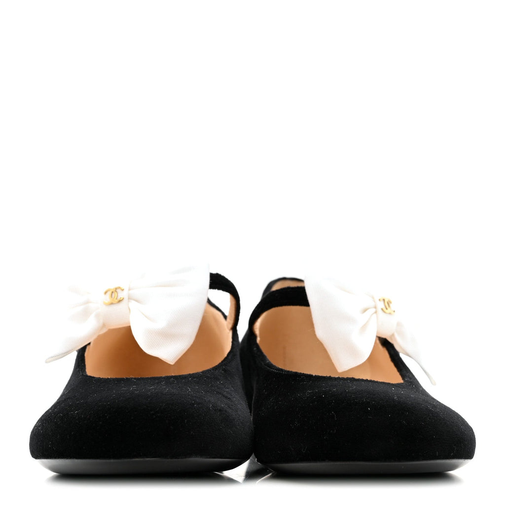 Chanel Velvet Grosgrain Bow Mary Jane Flats 38 Black White