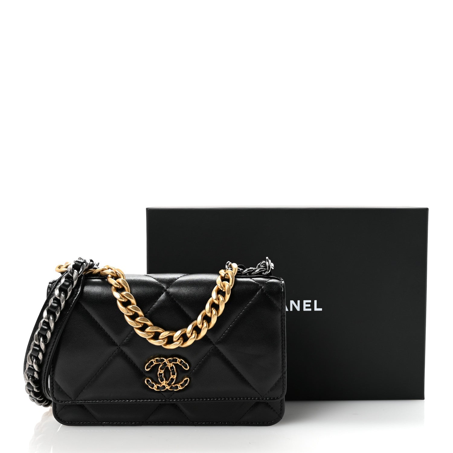 Chanel Lambskin Quilted Chanel 19 Wallet On Chain WOC Black