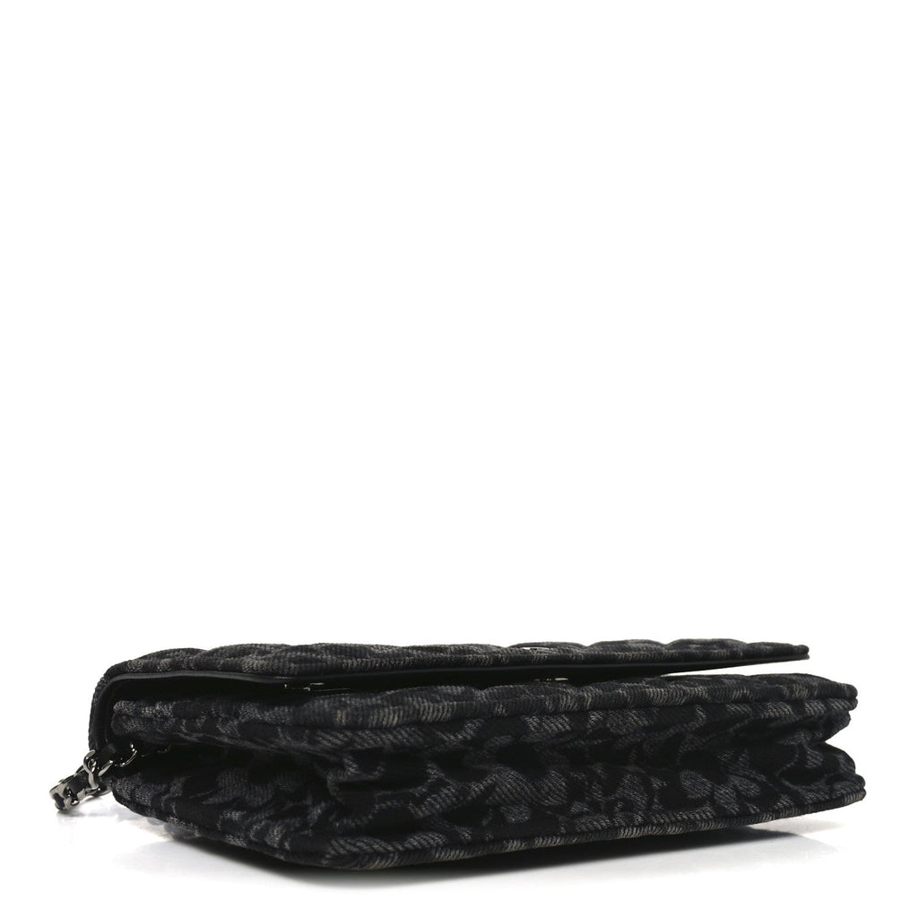 Chanel Printed Denim Quilted Flower Wallet On Chain WOC Black