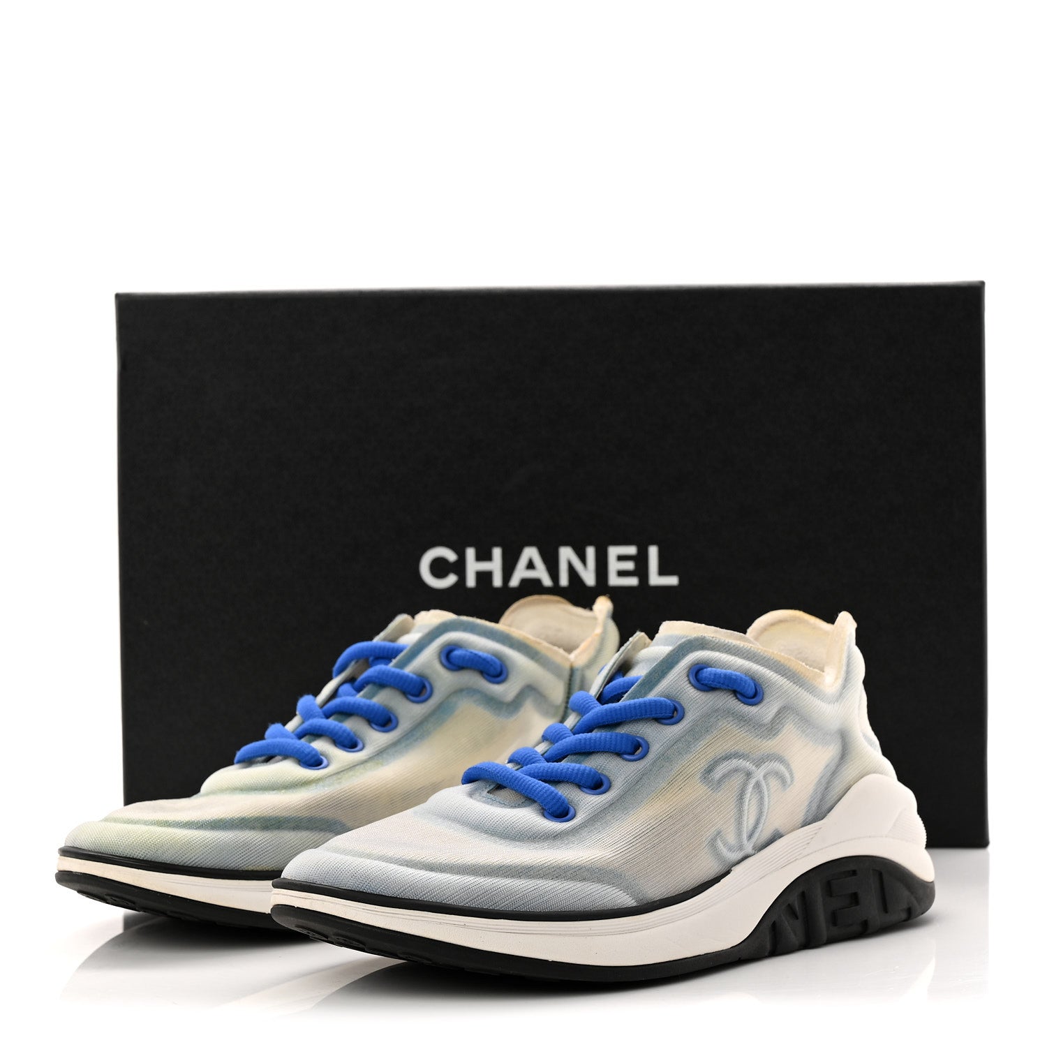 Calfskin Mesh Lyrca Womens Logo Sneakers 36 White Blue