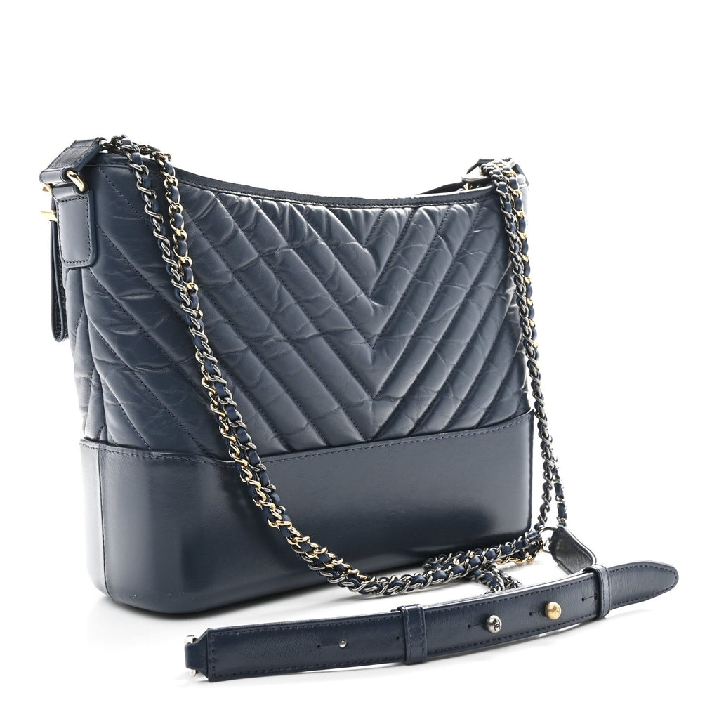 Chanel Aged Calfskin Chevron Quilted Medium Gabrielle Hobo Blue