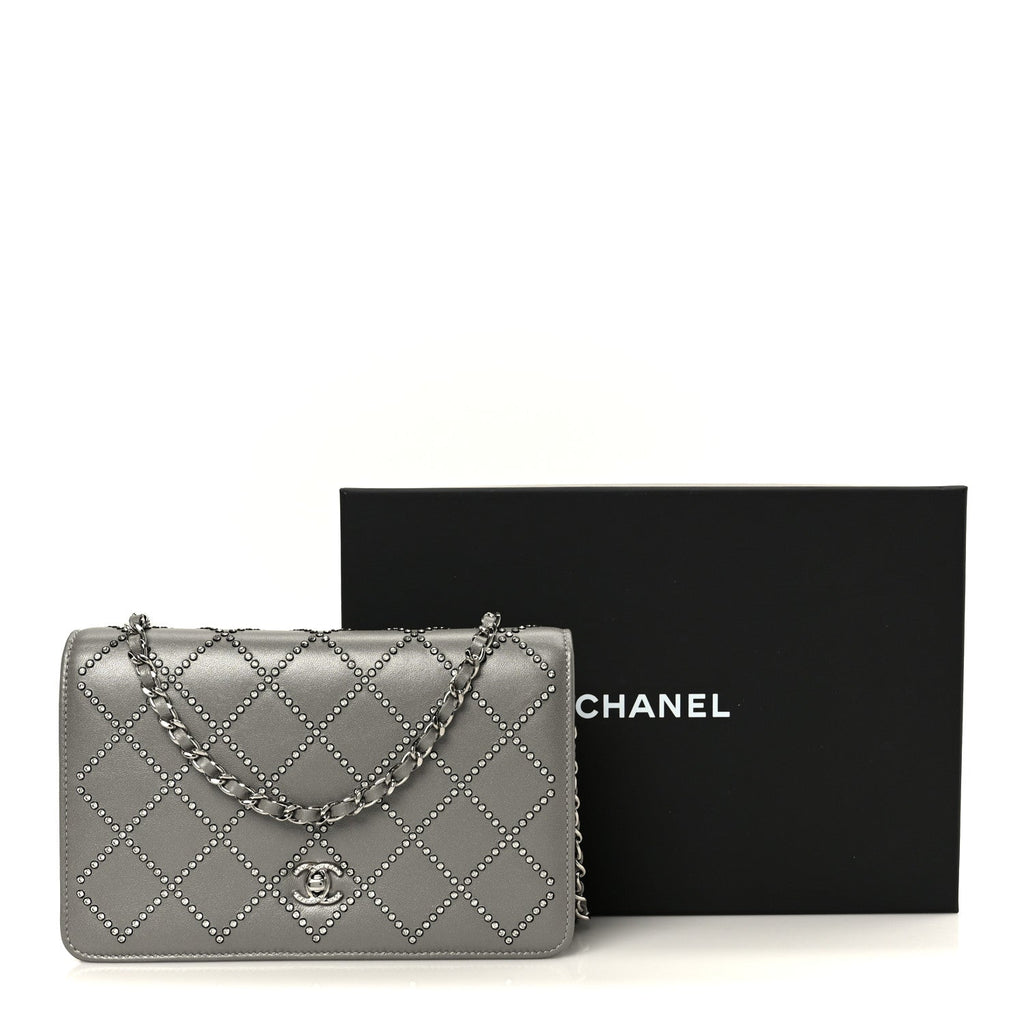 Chanel Lambskin Crystal Quilted Wallet On Chain WOC Grey