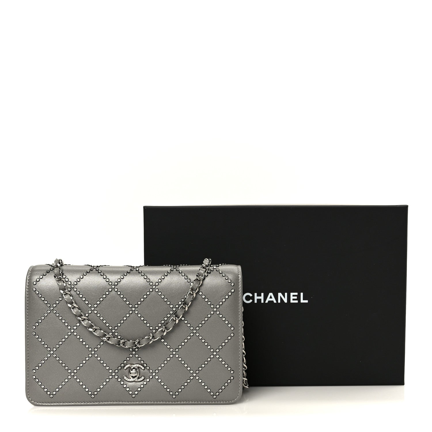 Chanel Lambskin Crystal Quilted Wallet On Chain WOC Grey