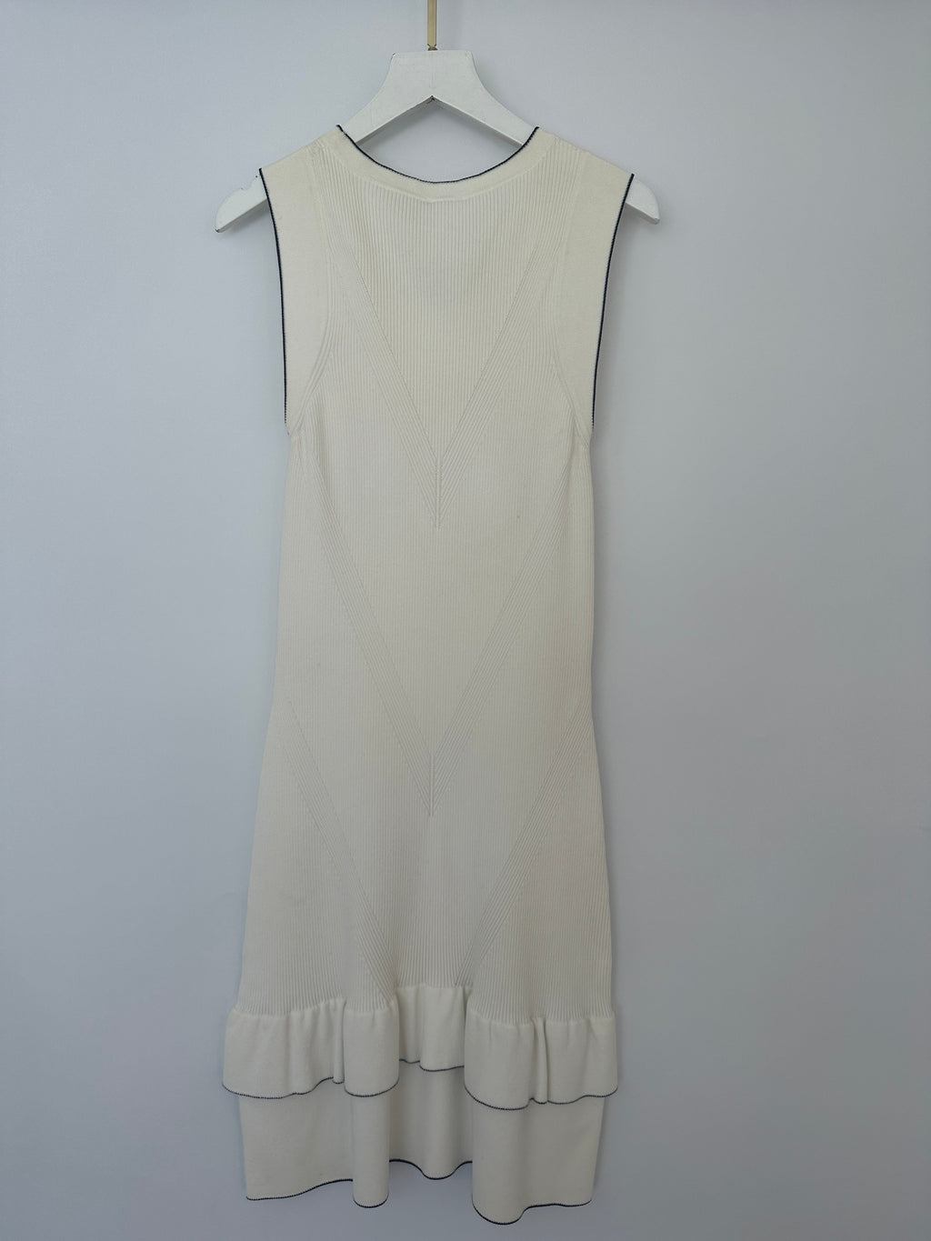 Chanel 08P Cream Sleeveless Knitted Short Dress with Silver CC Logo Button and Navy Hem Details Size FR 36 (UK 8)
