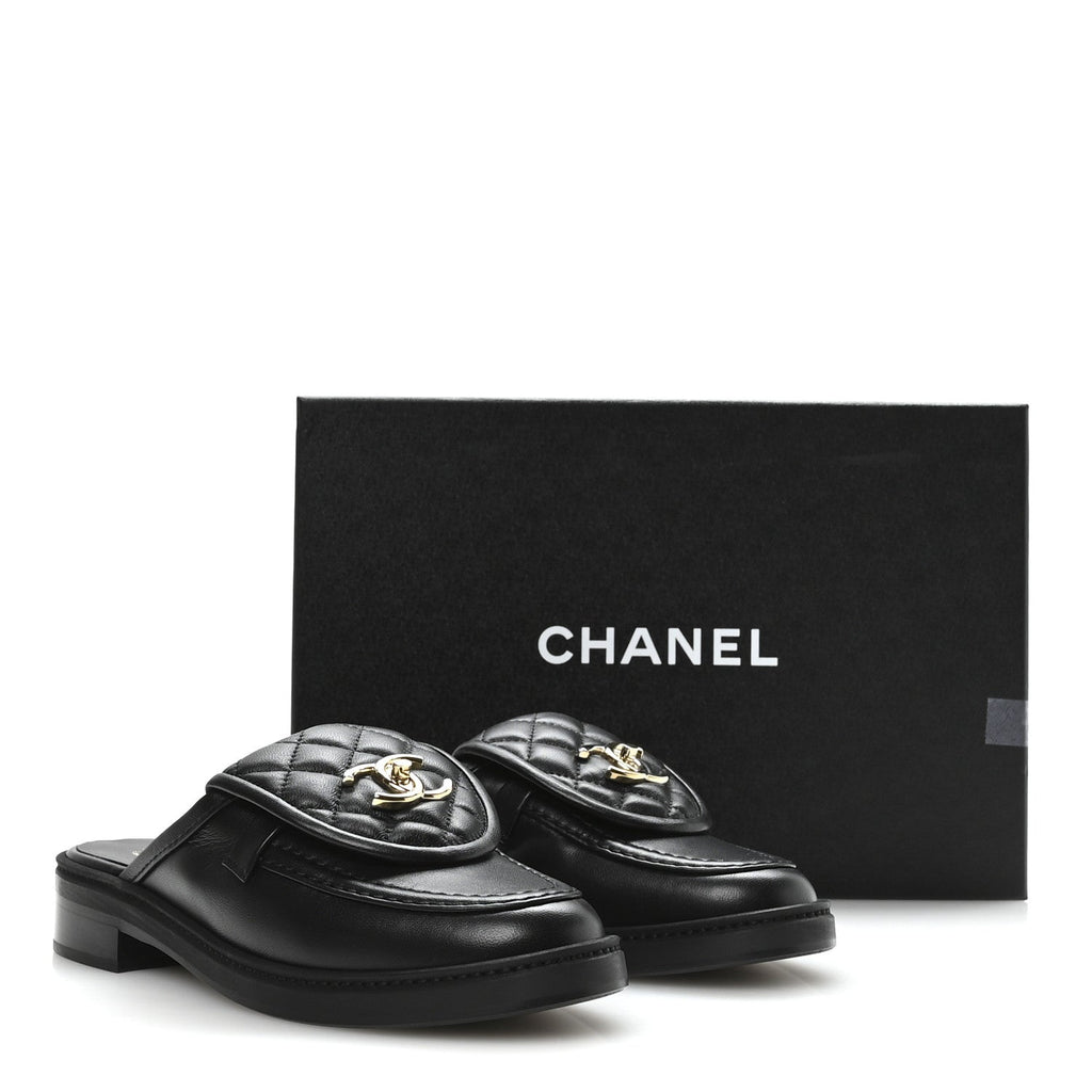 Lambskin Quilted CC Turnlock Mules 36.5 Black