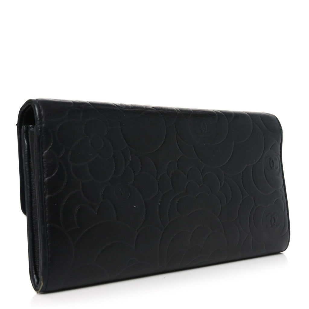 Chanel Lambskin Embossed Camellia Large Gusset Flap Wallet Black