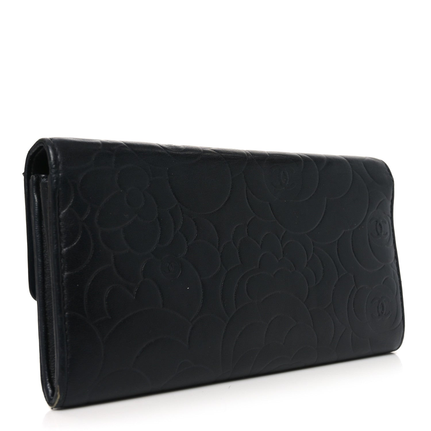 Chanel Lambskin Embossed Camellia Large Gusset Flap Wallet Black