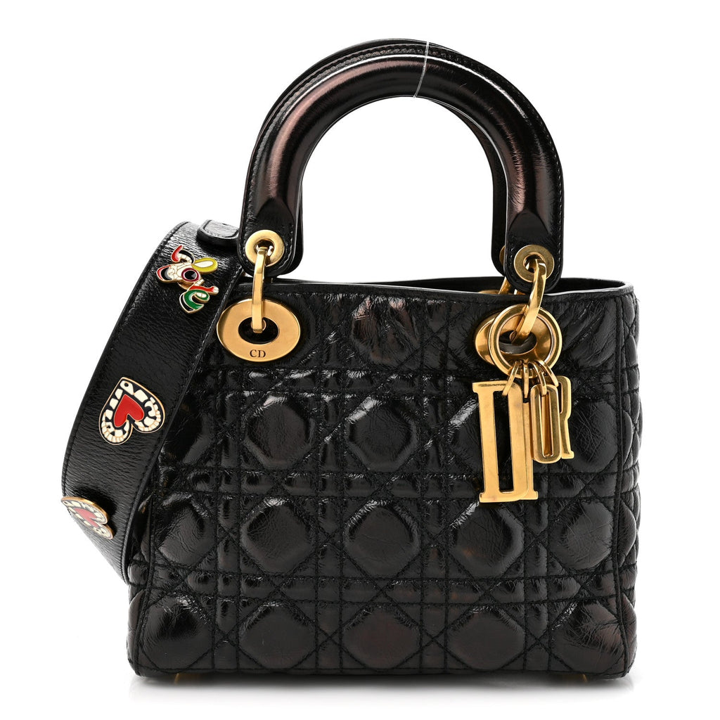 Christian Dior Crinkled Patent Cannage Small Lucky Badges My Lady Dior Black