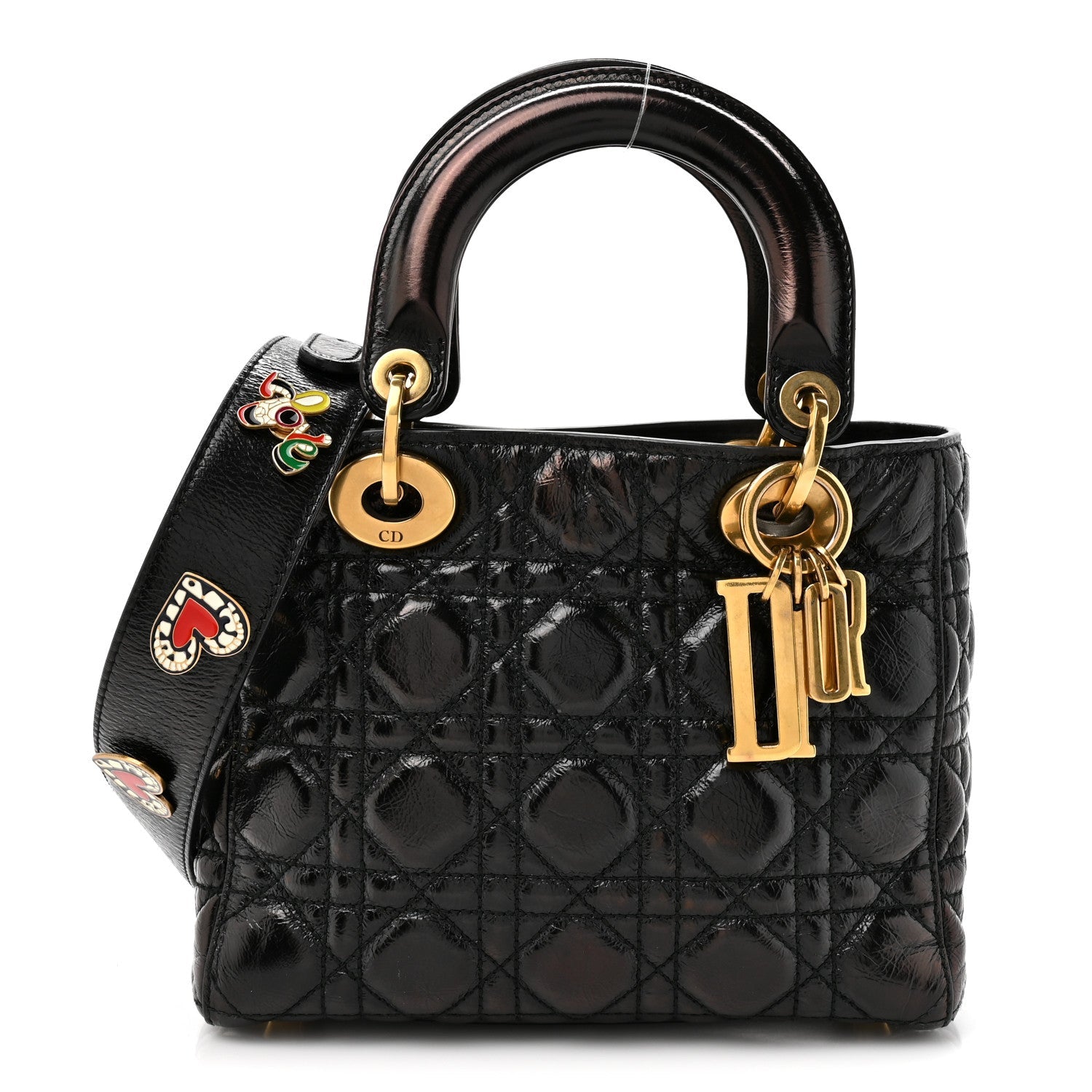 Christian Dior Crinkled Patent Cannage Small Lucky Badges My Lady Dior Black