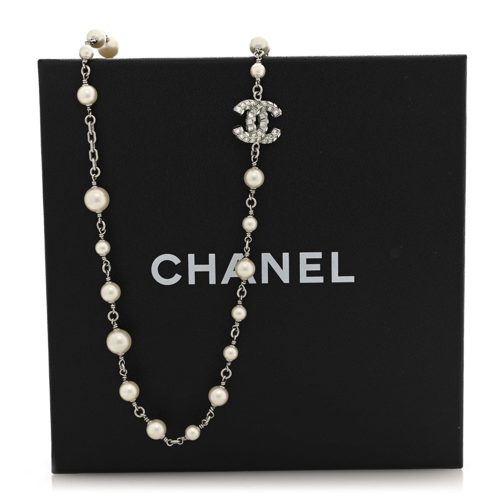 Pearl Baguette Crystal CC Long Necklace Silver