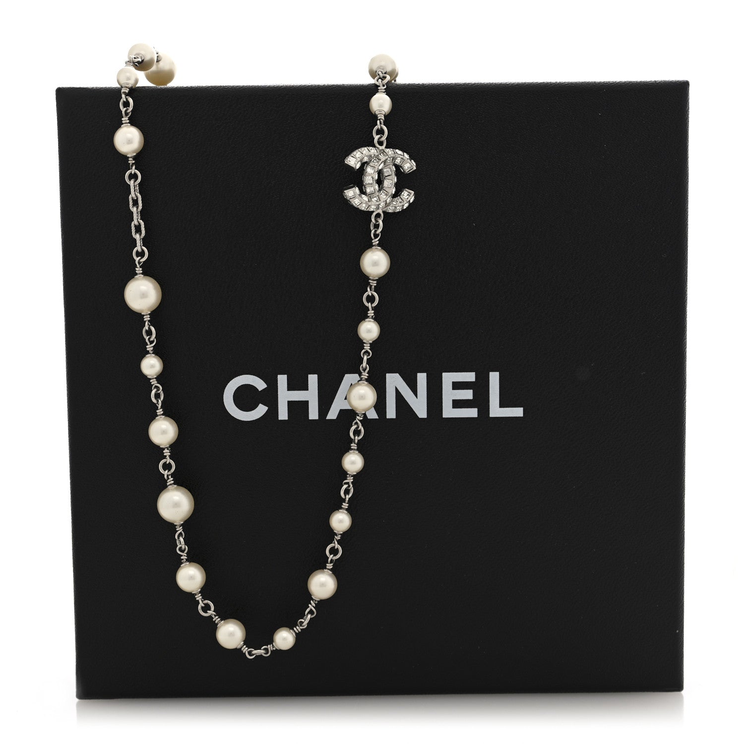 Pearl Baguette Crystal CC Long Necklace Silver