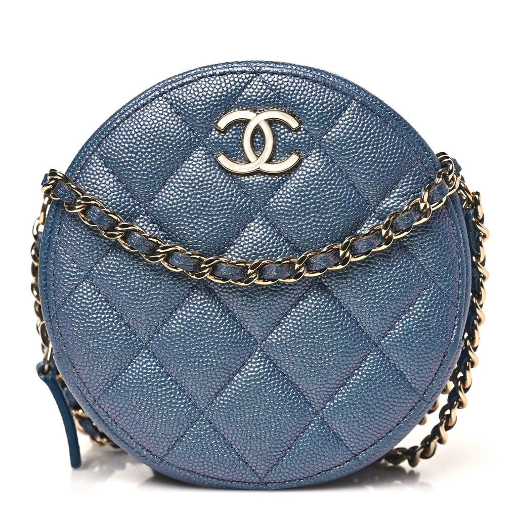 Chanel Iridescent Caviar Quilted Round Clutch With Chain Blue
