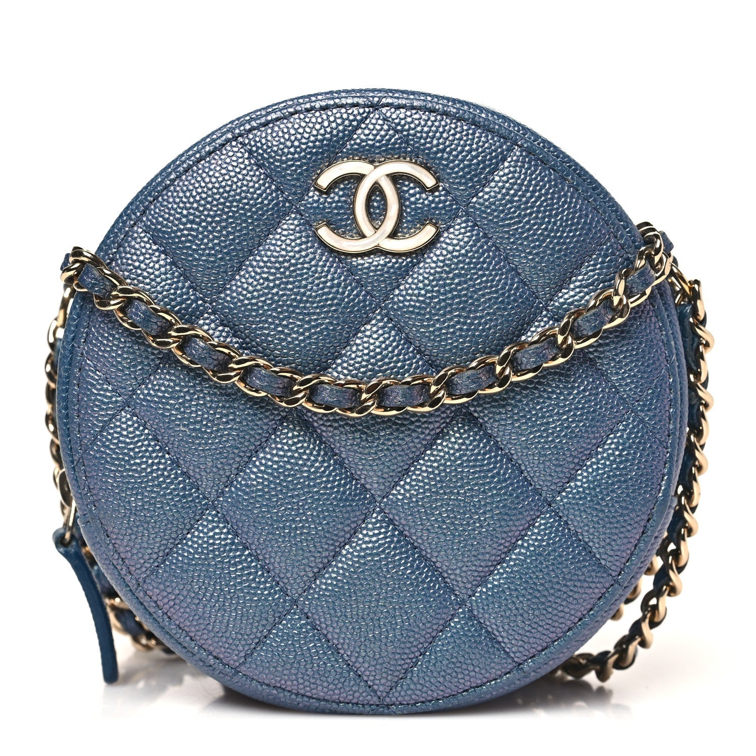 Chanel Iridescent Caviar Quilted Round Clutch With Chain Blue