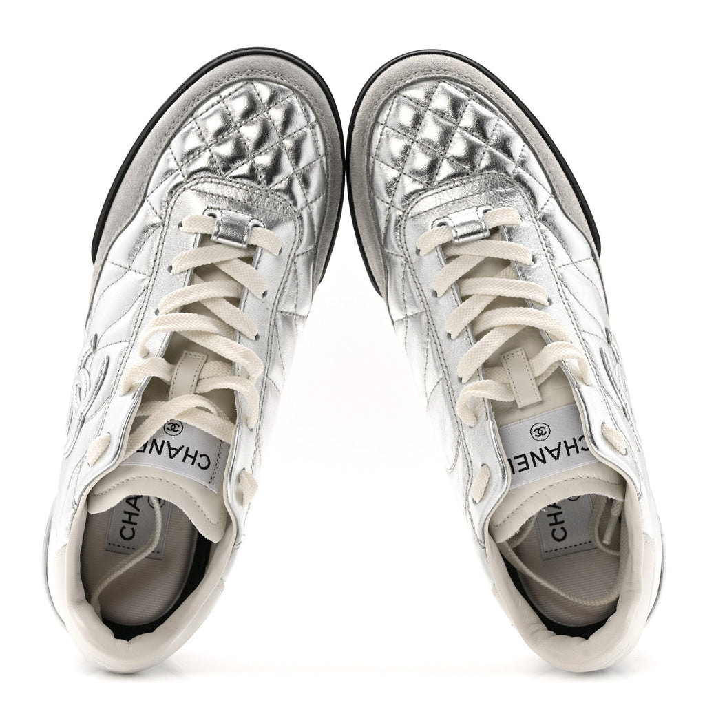 Laminated Calfskin Suede Quilted Womens CC Sneakers 38 Silver White Gray