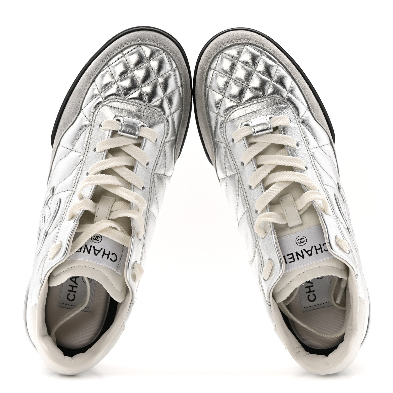 Laminated Calfskin Suede Quilted Womens CC Sneakers 38 Silver White Gray