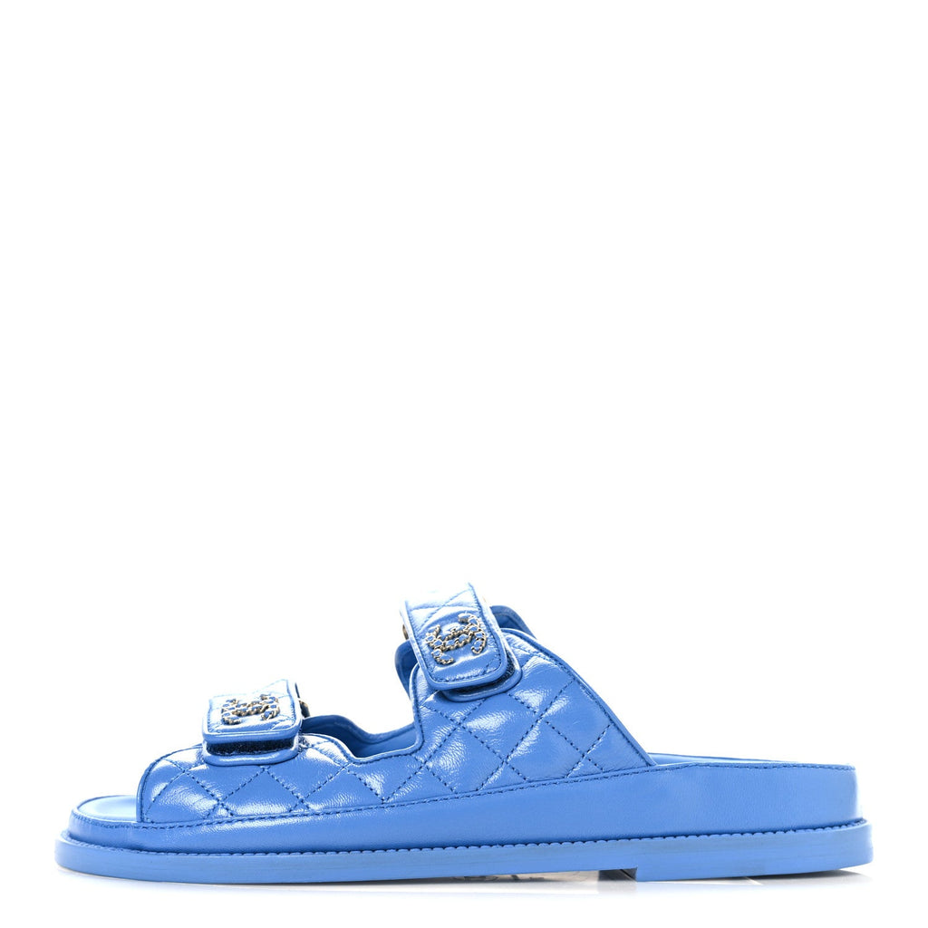 Lambskin Quilted Velcro Dad Chain CC Slide Sandals 37 Blue