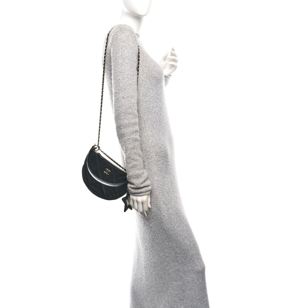Chanel Velvet Effect Nylon Shiny Crumpled Calfskin Coco Neige Quilted Clutch With Chain Black