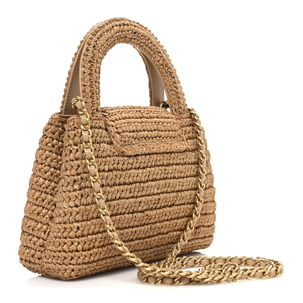 Chanel Braided Raffia Nano Kelly Flap Bag Dark Beige