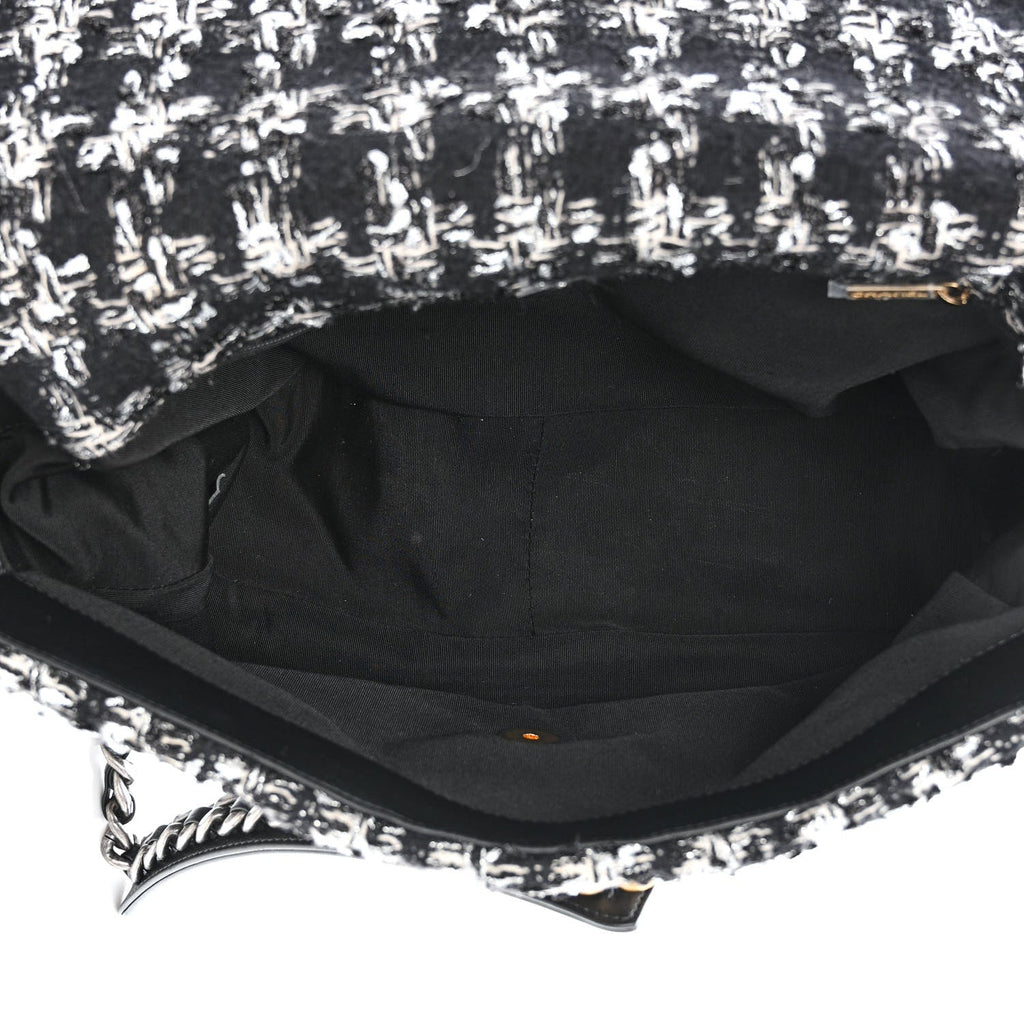 Chanel Tweed Quilted Maxi Chanel 19 Flap Black Silver Ecru