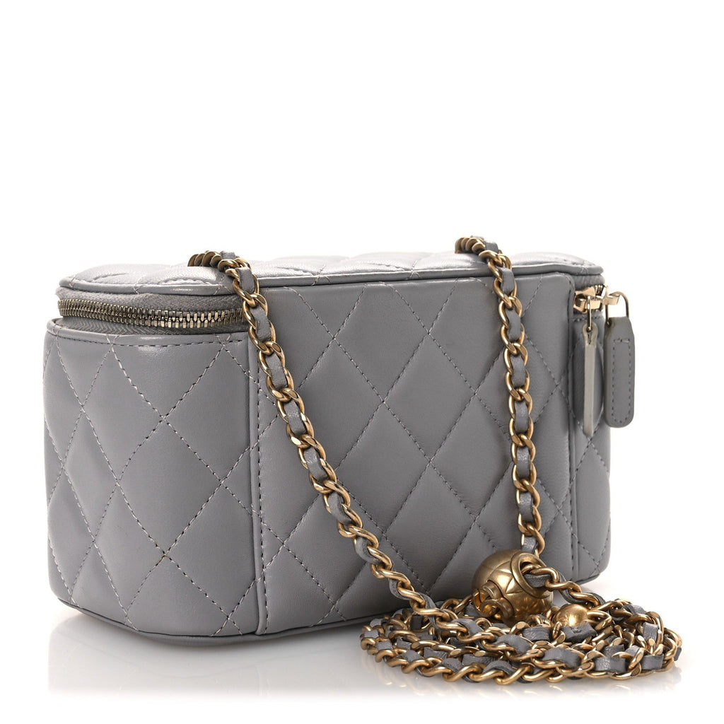 Chanel Lambskin Quilted Small Pearl Crush Vanity Case With Chain Grey