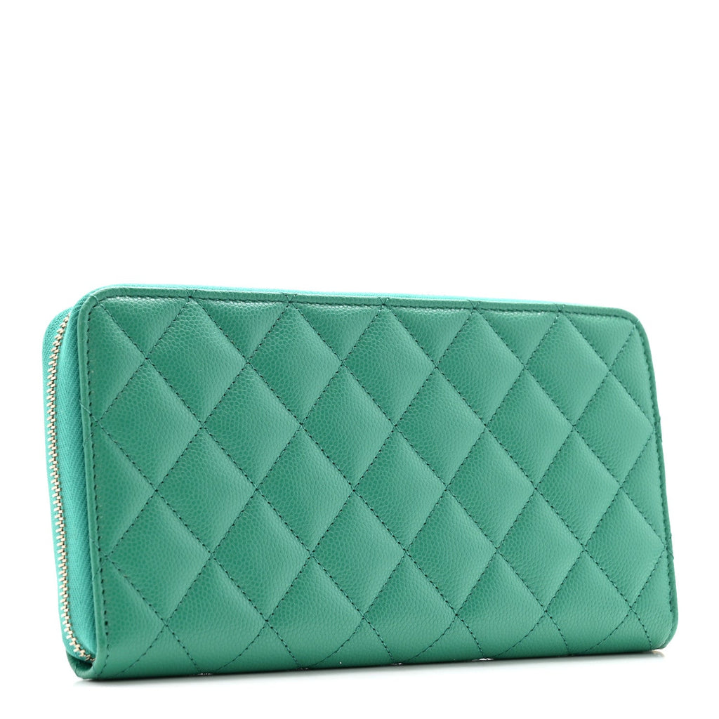 Caviar Quilted Perforated CC Long Zipped Wallet Green