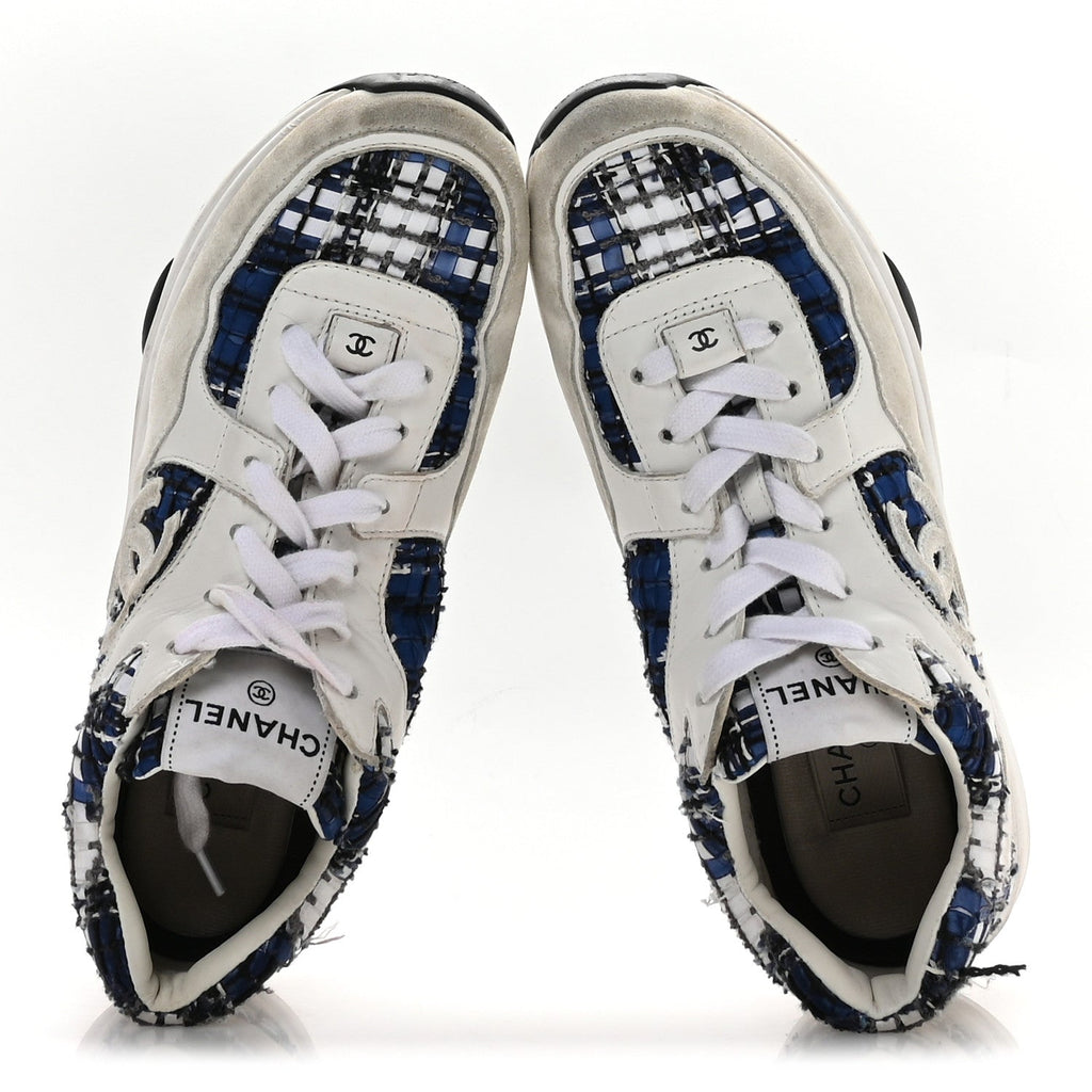 Chanel Tweed Suede Calfskin Womens CC Sneakers 39.5 Dark Blue Black Grey White