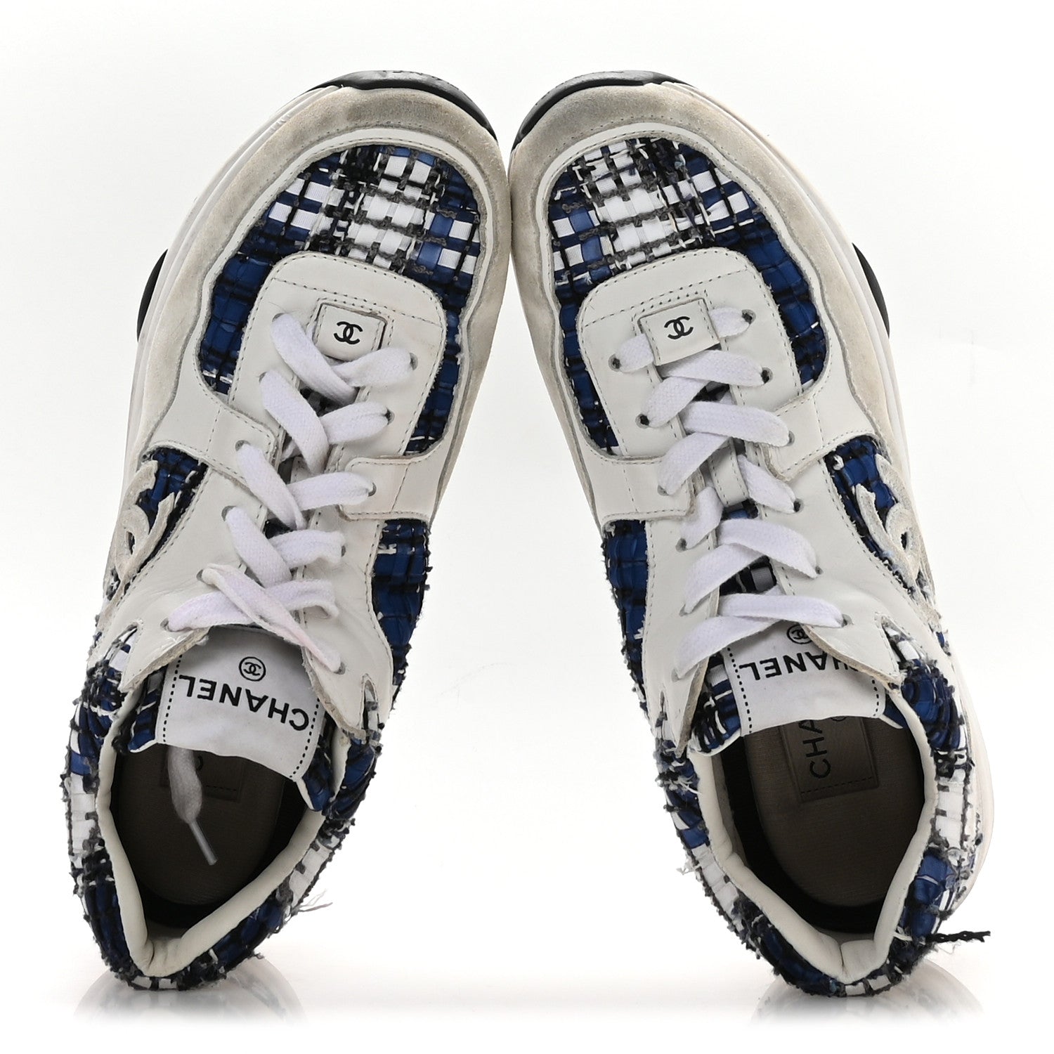 Chanel Tweed Suede Calfskin Womens CC Sneakers 39.5 Dark Blue Black Grey White