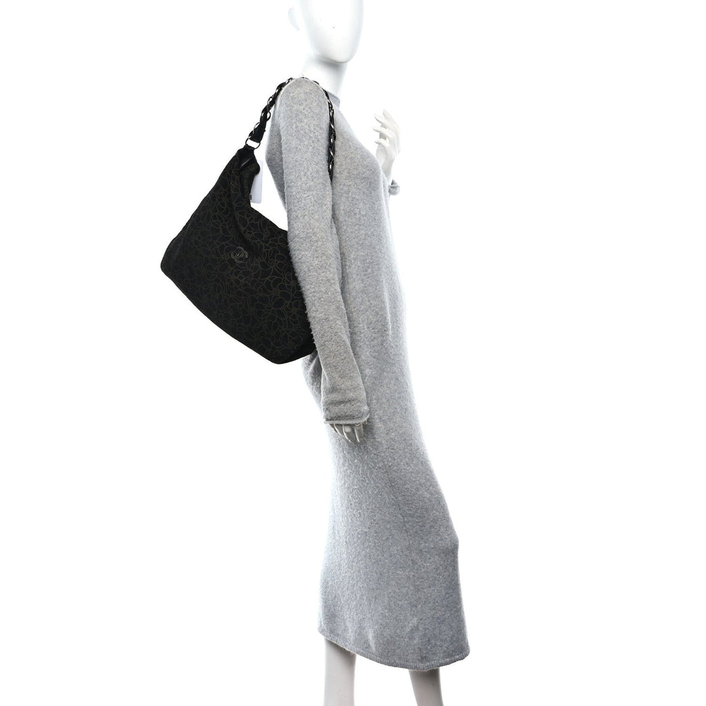 Chanel Suede Camellia Hobo Bag Black