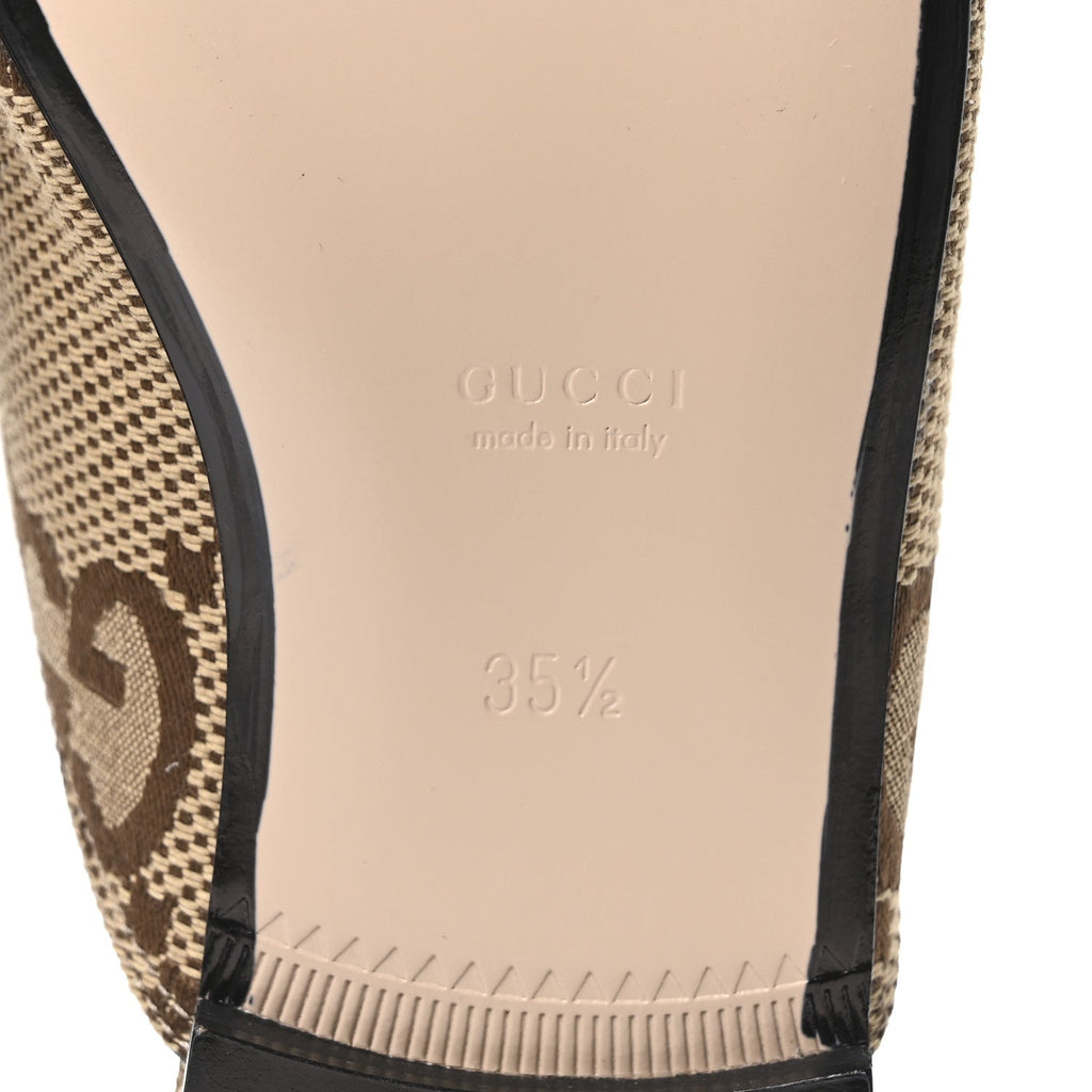 Gucci Monogram Jumbo GG Malaga Kid Womens Princetown Slippers 35.5 Camel Ebony New Acero Beige