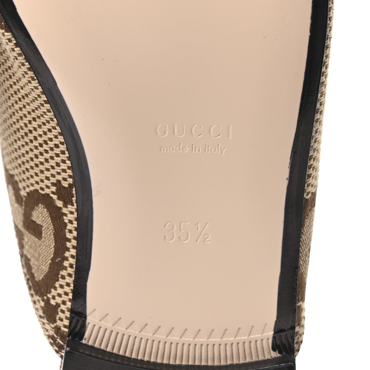 Gucci Monogram Jumbo GG Malaga Kid Womens Princetown Slippers 35.5 Camel Ebony New Acero Beige