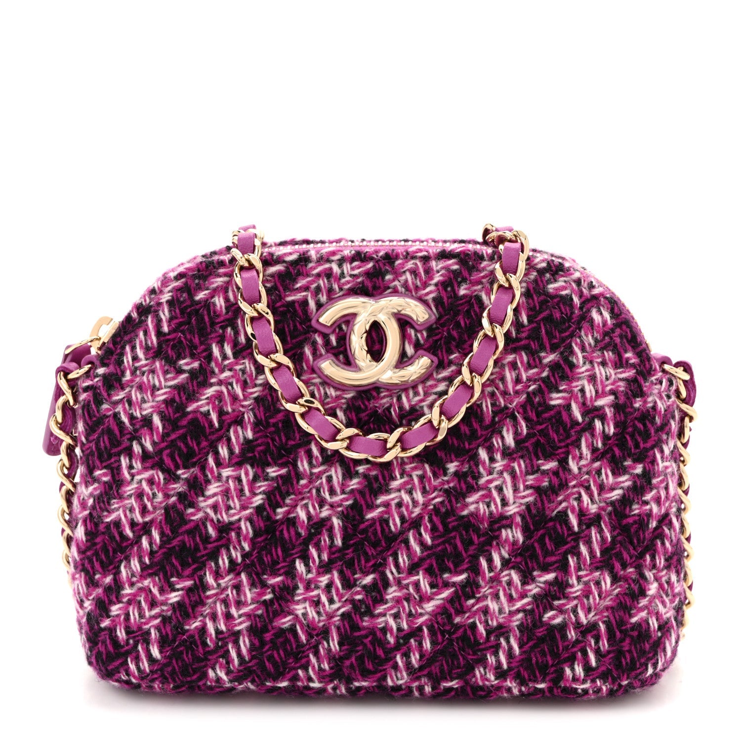 Chanel Tweed Quilted Mini Clutch With Chain Purple