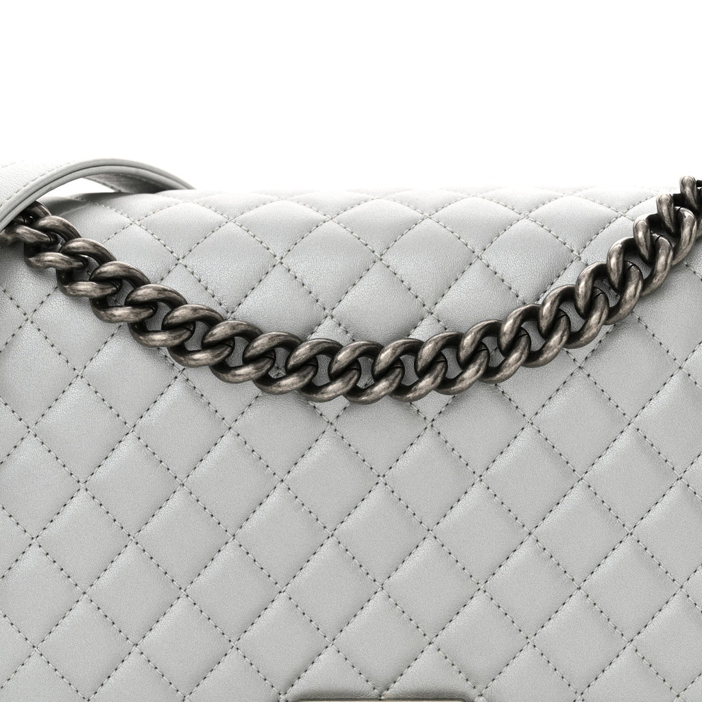 Chanel Metallic Calfskin Quilted New Medium Plexiglass Boy Flap Silver