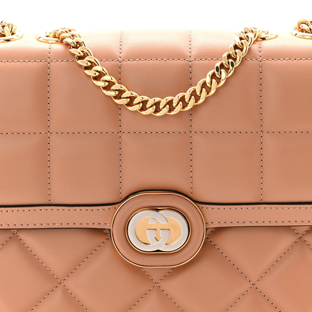 Gucci Calfskin Quilted Small Deco Shoulder Bag Camelia