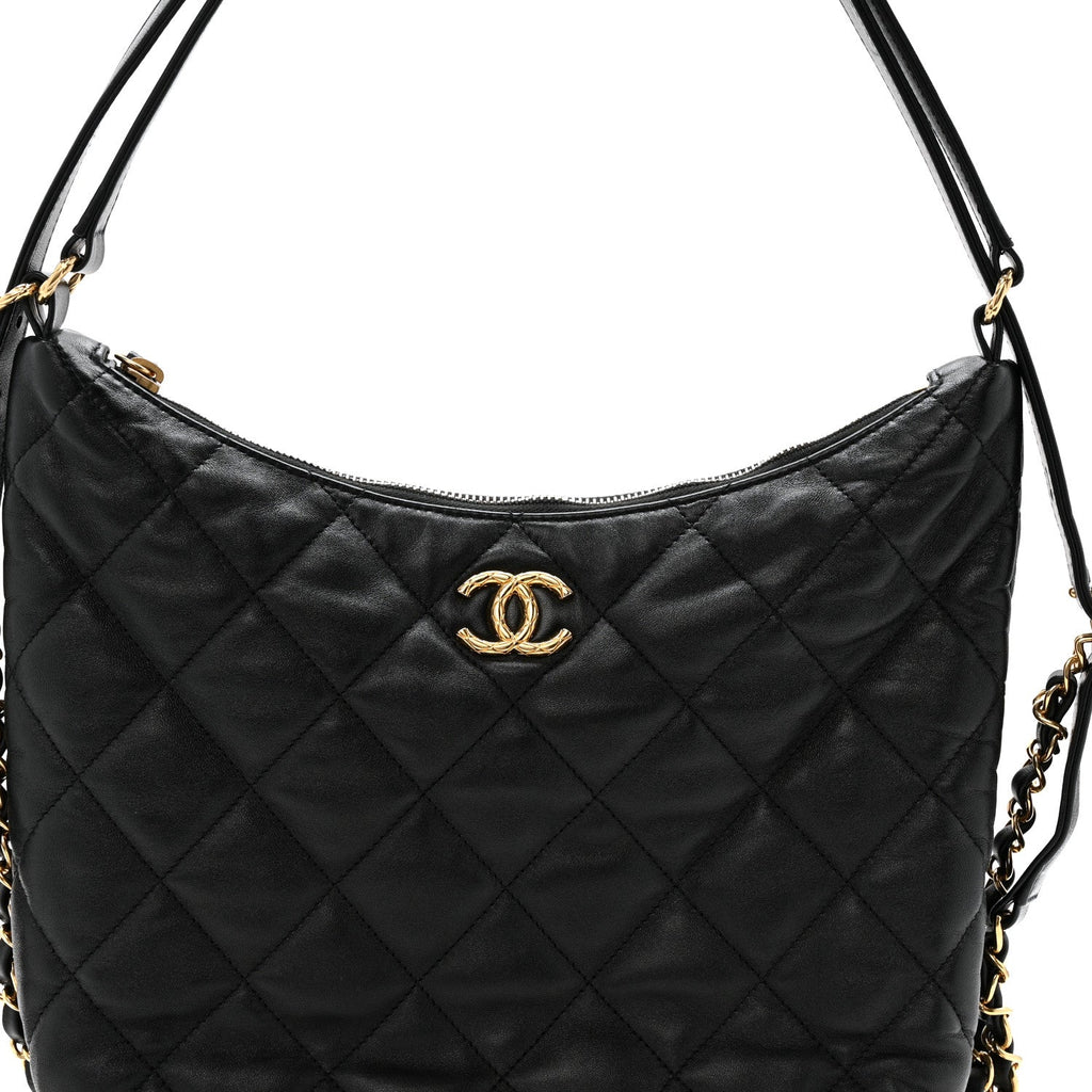 Chanel Lambskin Quilted Maxi Hobo Black