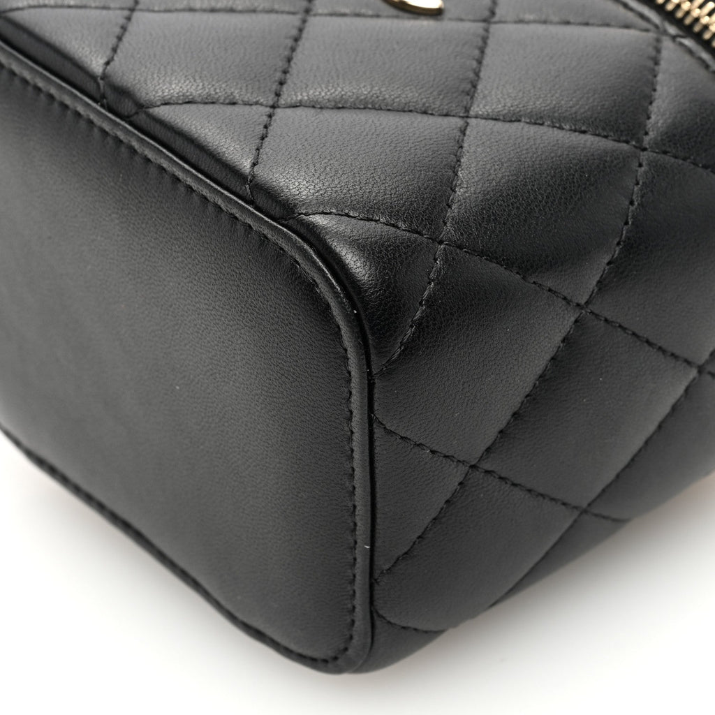 Chanel Lambskin Quilted Mini Vanity Case With Pearl Chain Black