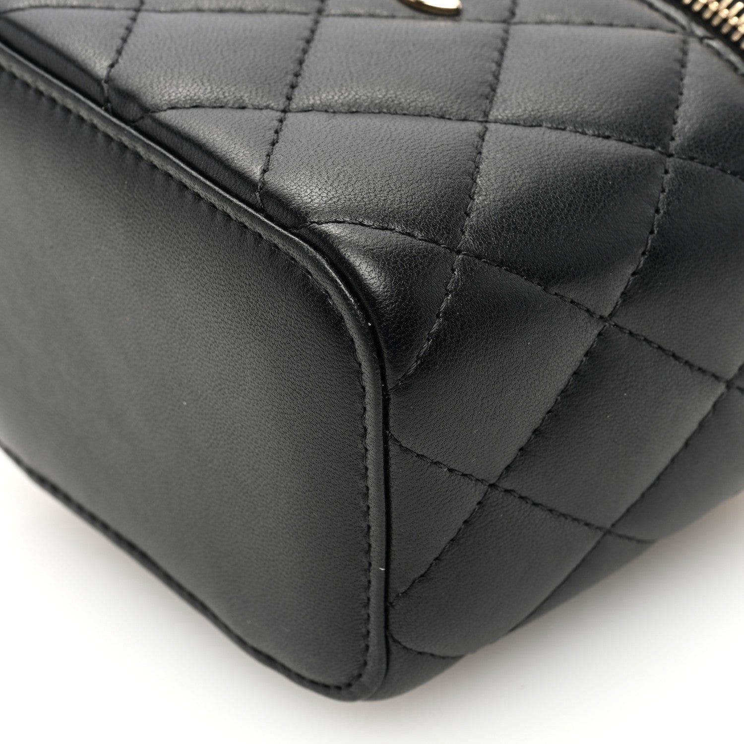 Chanel Lambskin Quilted Mini Vanity Case With Pearl Chain Black