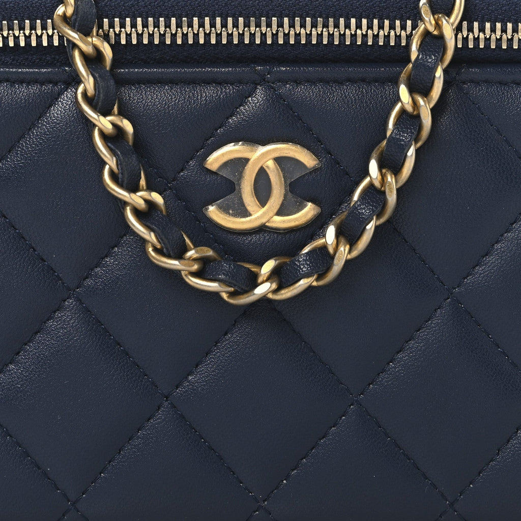 Chanel Lambskin Quilted Metal Small Top Handle Vanity Case With Chain Blue