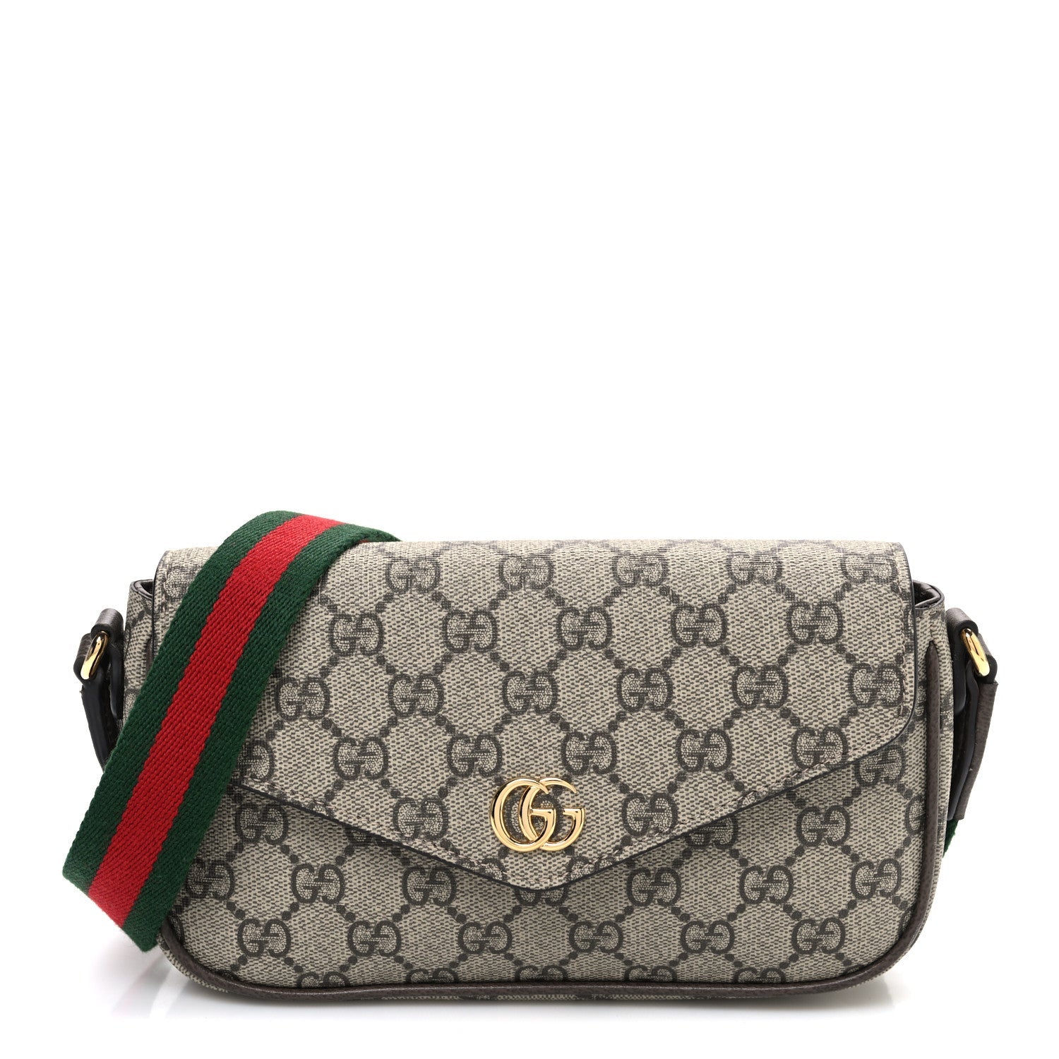 Gucci GG Supreme Monogram Textured Dollar Calfskin Web Mini Ophidia Envelope Shoulder Bag Beige Ebony New Acero