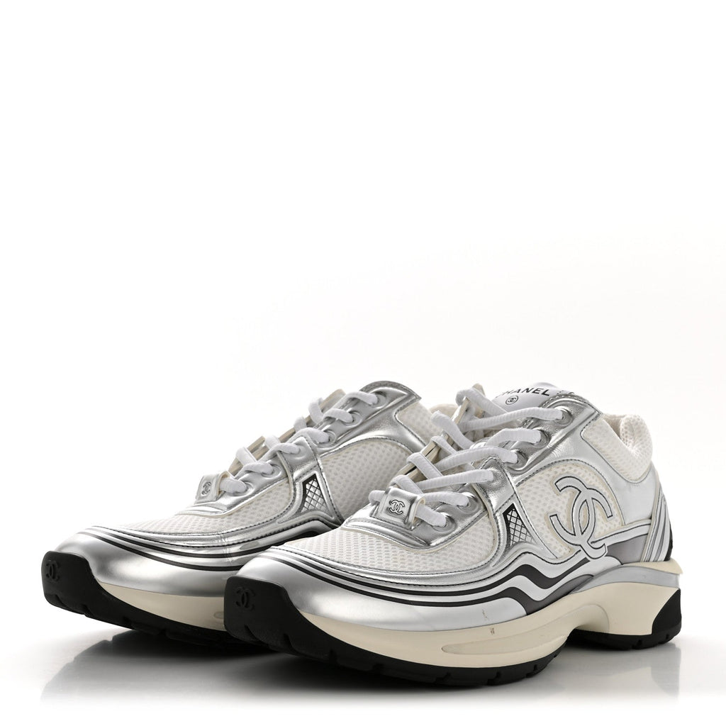 Fabric Laminated Calfskin Stretch CC Womens Sneakers 39.5 White Silver