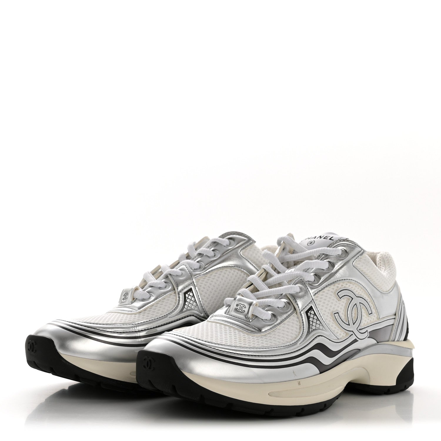 Fabric Laminated Calfskin Stretch CC Womens Sneakers 39.5 White Silver