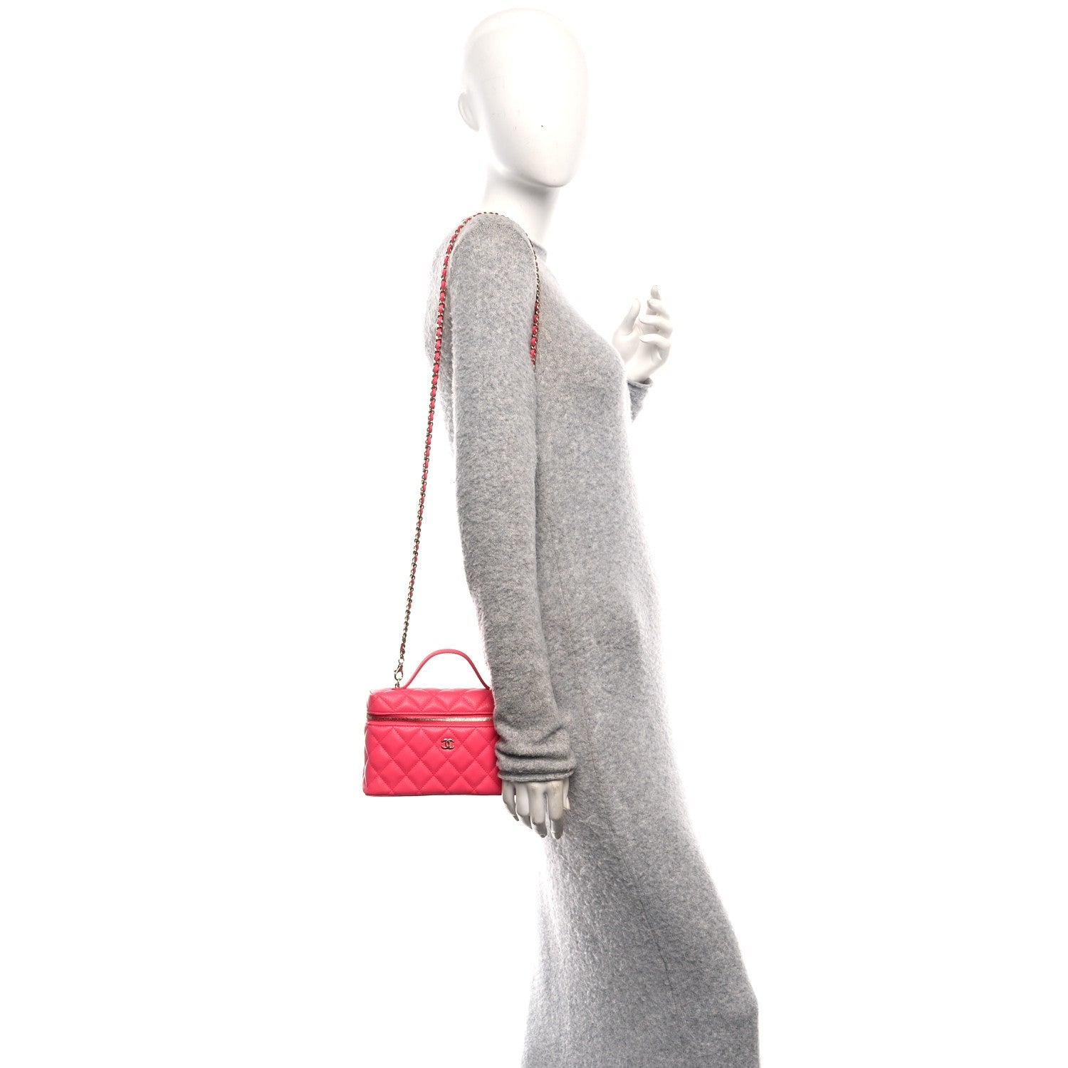 Chanel Caviar Quilted Top Handle Slim Vanity With Chain Fuchsia