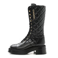 Calfskin Quilted Logo Lace Up Tall Combat Boots 37.5 Black