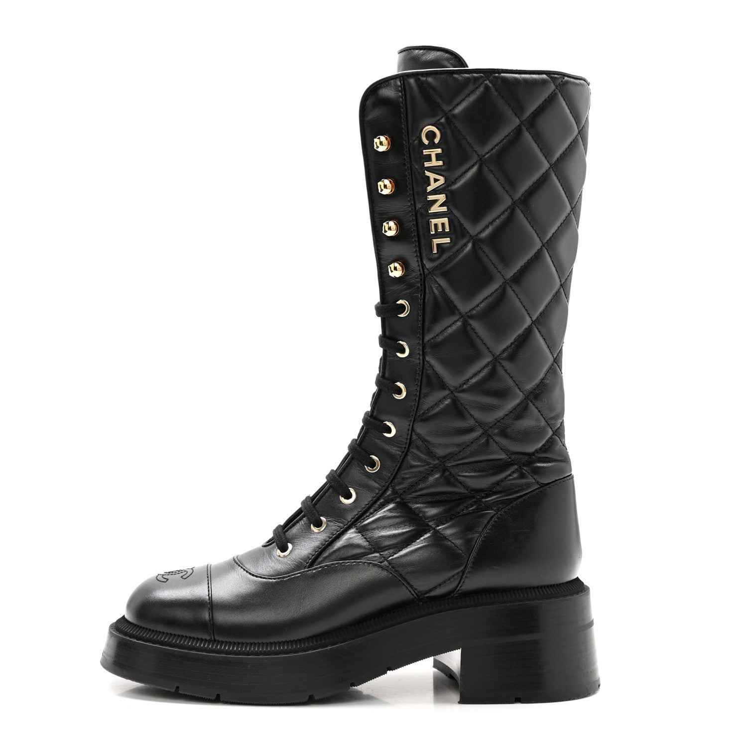 Calfskin Quilted Logo Lace Up Tall Combat Boots 37.5 Black