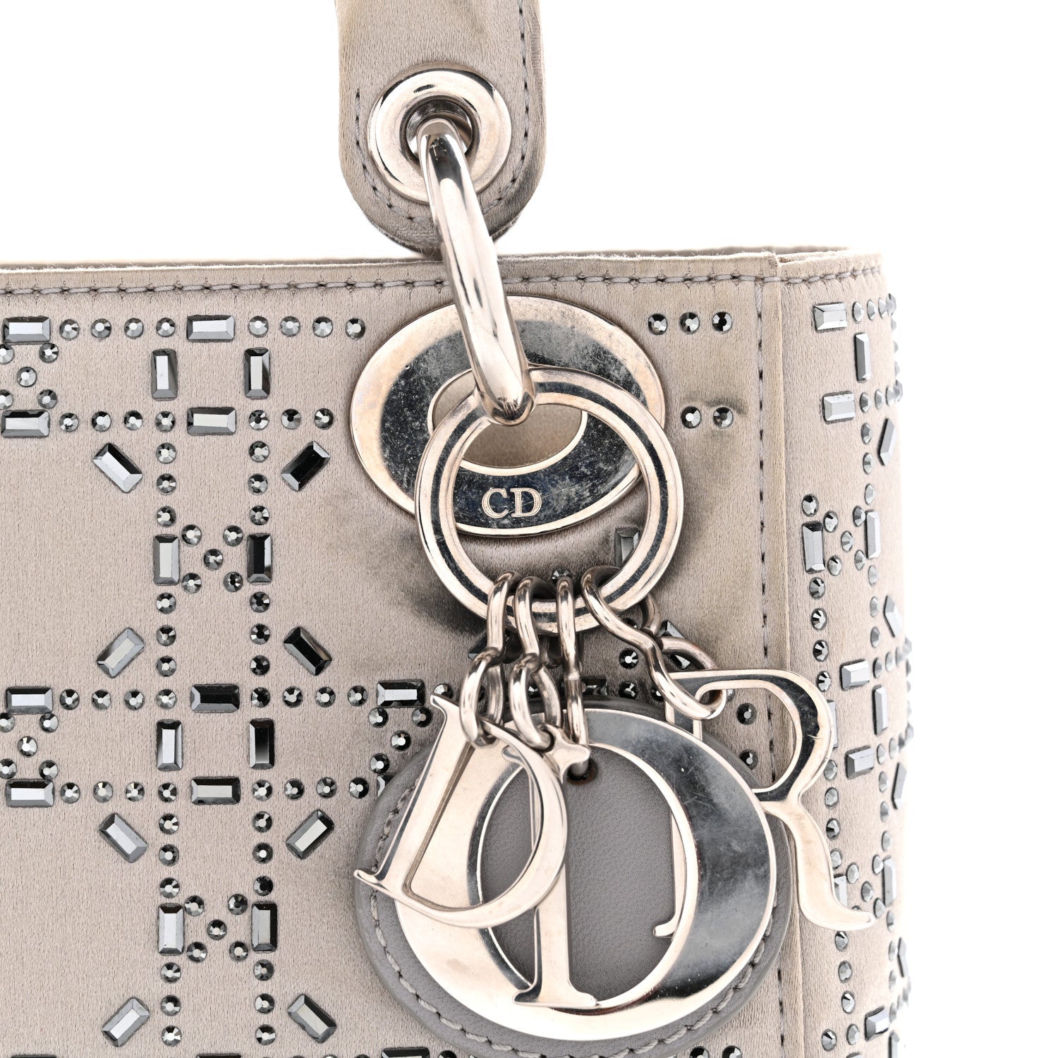 Christian Dior Satin Crystal Cannage Mini Lady Dior Gray