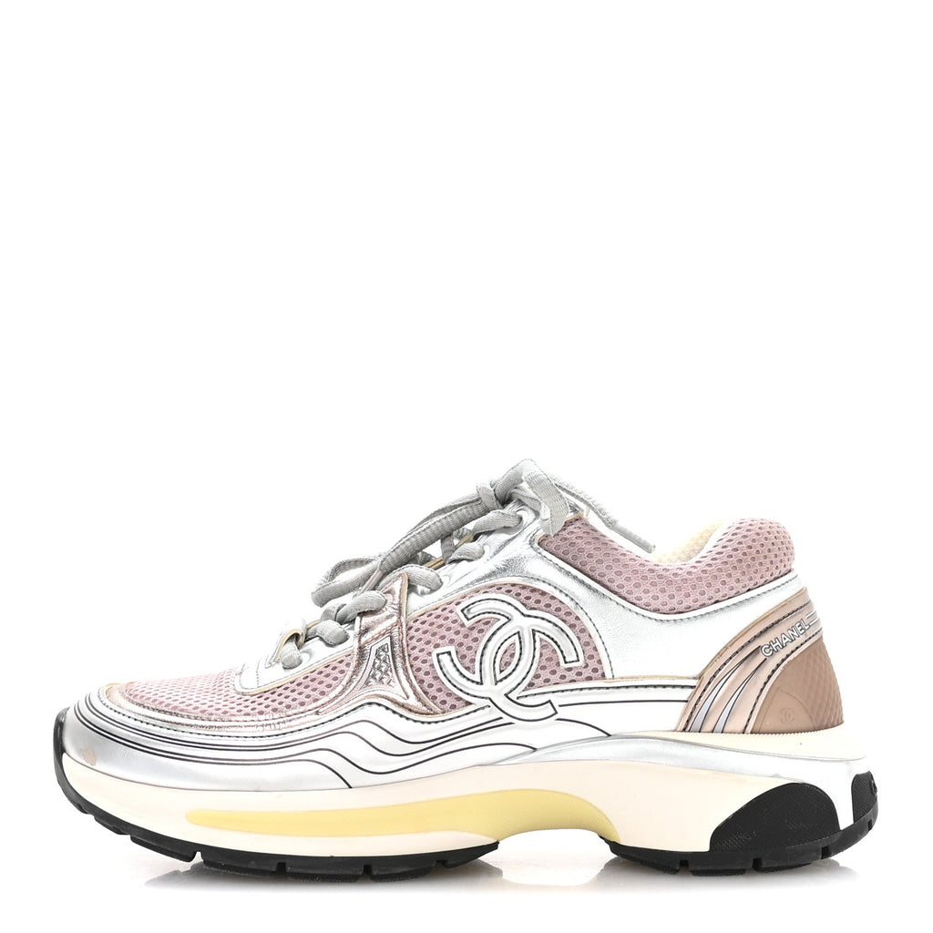 Fabric Laminated Calfskin Stretch CC Womens Sneakers 37 Purple Silver