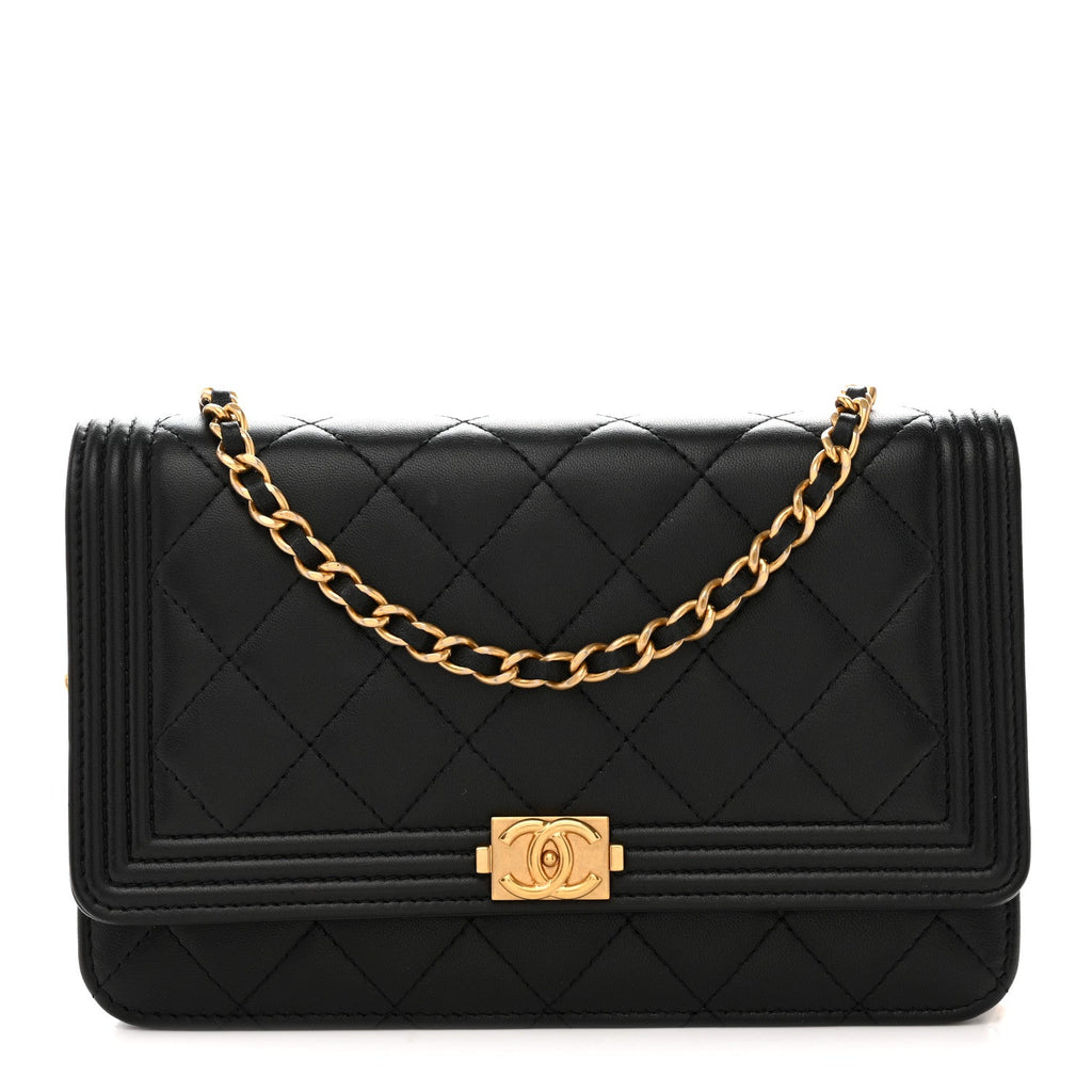 Chanel Lambskin Quilted Boy Wallet On Chain WOC Black