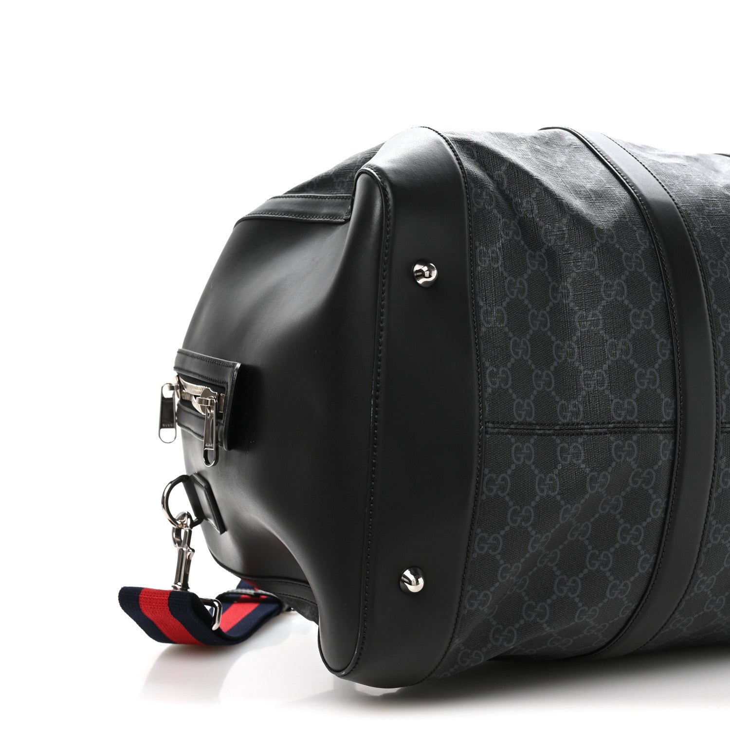 Gucci Soft GG Supreme Monogram Appia Calfskin Web Large Carry On Duffle Bag Black Grey